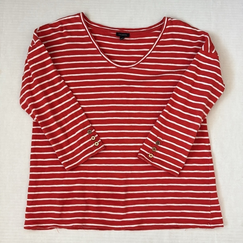 Talbots Cotton 3/4 Sleeves Scoop Neck Orange Stripes Medium